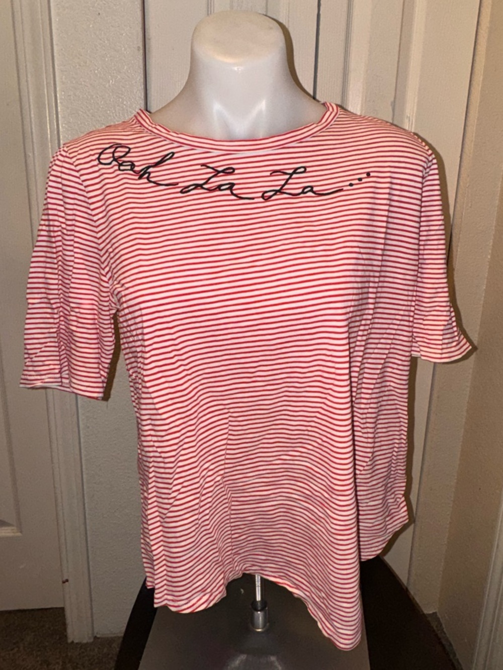 LOFT Red and White Striped Short Sleeve Tee